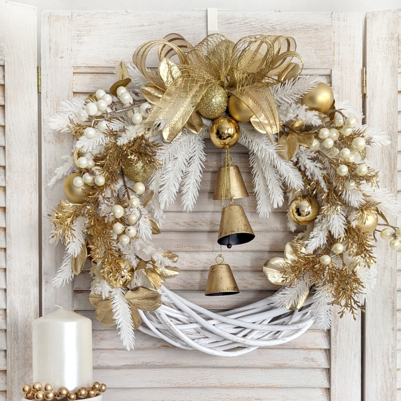 Golden Christmas biało-złoty wianek świąteczny z dzwonkami, 40cm