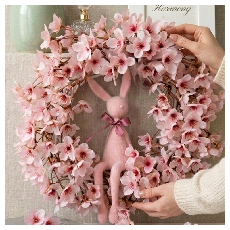 Różowy wianek Wielkanocny z zajączkiem, 35cm