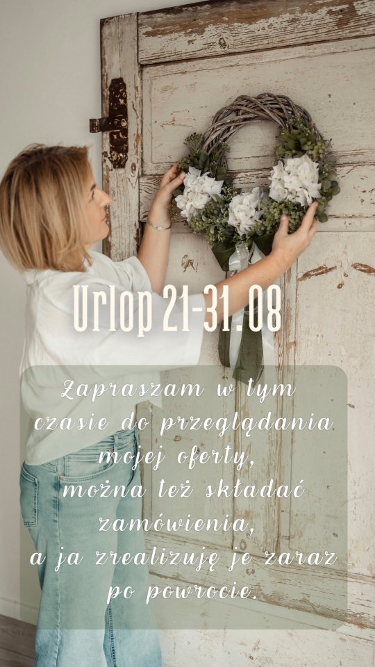 Jeśli przeglądasz moje wianki i miałabyś ochotę zamówić jeden z nich lub masz jakieś pytania - nie ma problemu - ja jestem aktualnie na urlopie ale wianki to moja pasja, nie praca, więc pisz do mnie śmiało 🙂
Jestem dostępna, przeglądam wiadomości, tylko zamówienia realizować będę po powrocie czyli od 1.09 według kolejności (już kilka czeka w kolejce).
Zatem piszcie, pytajcie, zamawiajcie - zapraszam 🤍

#wianki #dekoracjedomu #wianeknadrzwi #dodatkidodomu #wystrojwnetrz #wreaths #kränze #prezentdlamamy #mojapasja #dlakobiet #WianekNaDrzwi