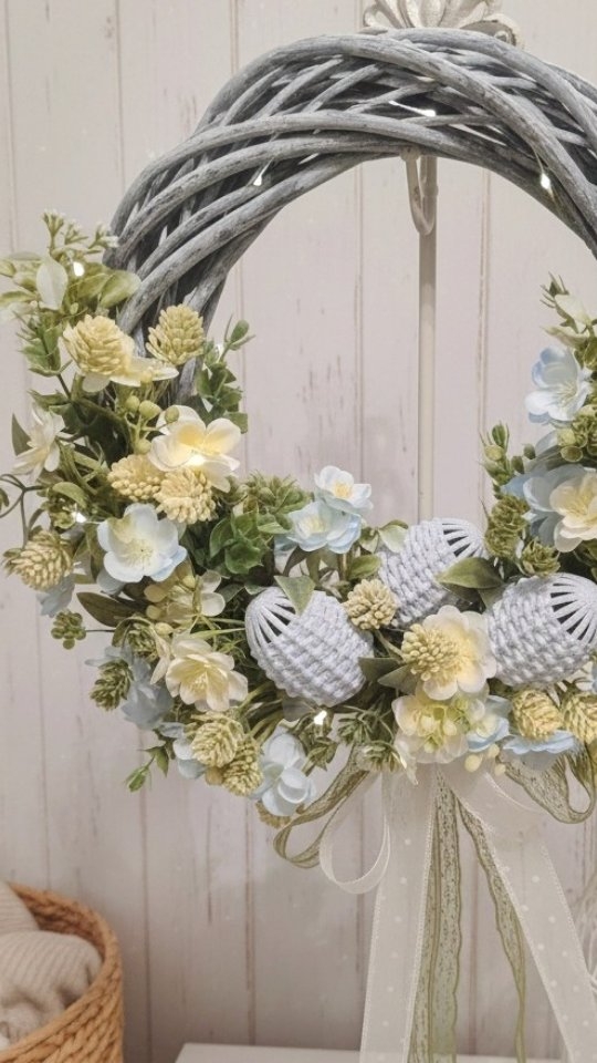 Spojrzenie na detale:
Delikatne wiosenne kwiatki w pastelowych odcieniach żółte i niebieskie, a do tego trzy urocze jajka ażurowe - idealna dekoracja wielkanocna 💛🩵

❇️ Średnica wianka ok 35cm 
❇️ Cena 179zł
❇️ Wysyłka do paczkomatu 15zł lub kurierem 19zł 

#wiosennedekoracje #wiosennywianek #wielkanocnedekoracje🌸 #wianekwiosenny #dekoracjedomu