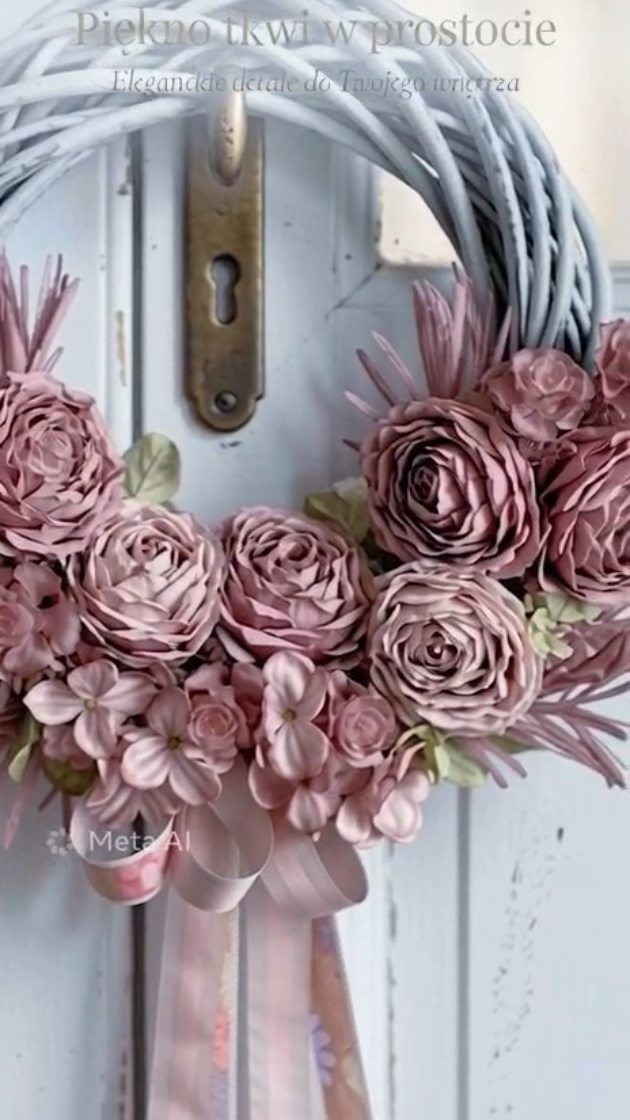 Detale 🌸 
Róże w stylu vintage, w nieoczywistym kolorze 

#wianki  #wianeknadrzwi #wiankinadrzwi  #dekoracjedomu #aranzacjawnetrz